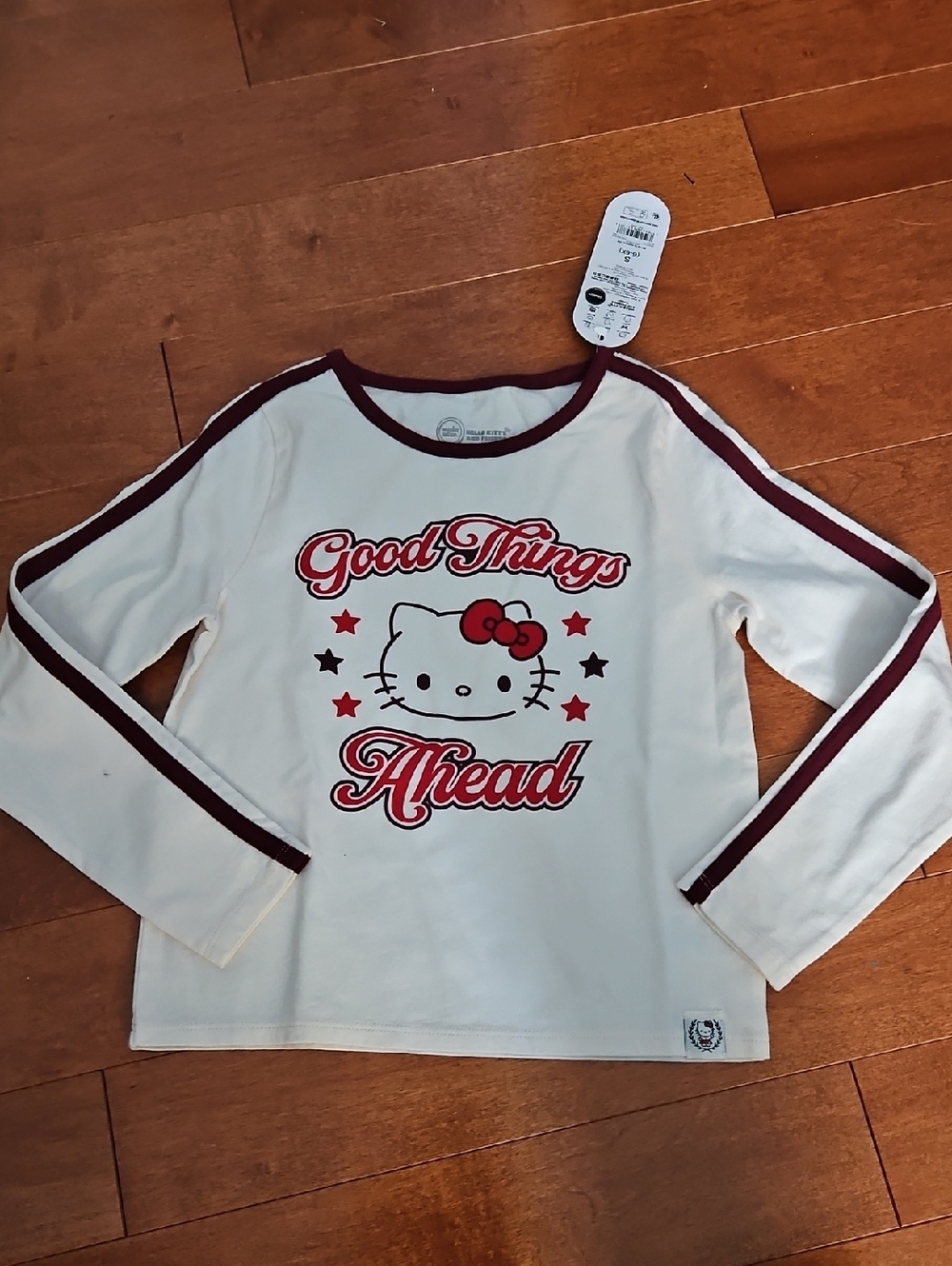 Nwt Hello Kitty Cream Long-Sleeve Tee with Maroon Trim and Red Graphic